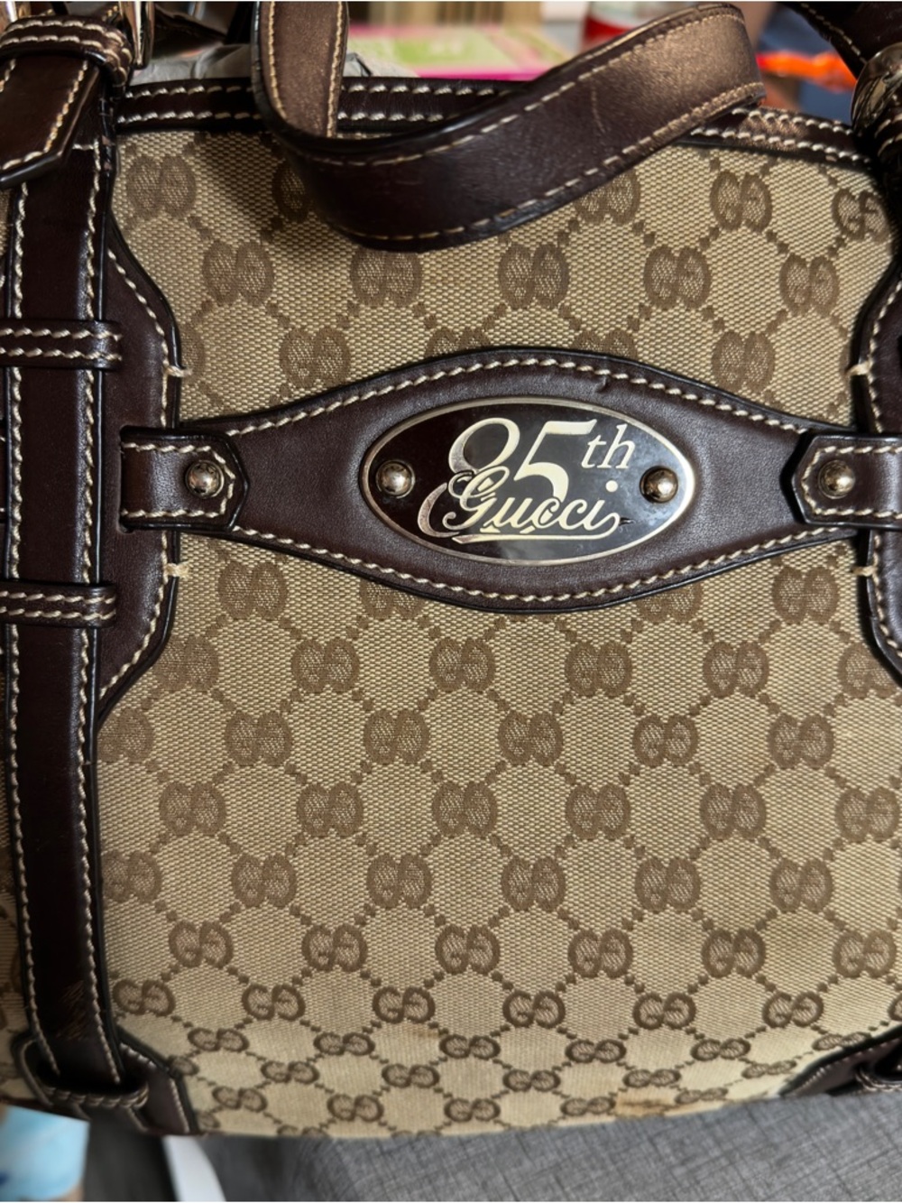 Gucci Beige and Dark Brown Monogram Briefcase with 85th Anniversary Plaque •